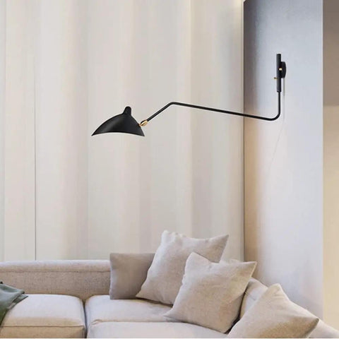 Mid-Century Black Wall Lamp With Industrial Swing Arm Dope Adjustable Wall Mount Lighting For Kitchen And Living Room 360 Degree Shade And Arm Rotation UL Listed E14 Bulb Compatible 25.5 Inch Wide installed in living room