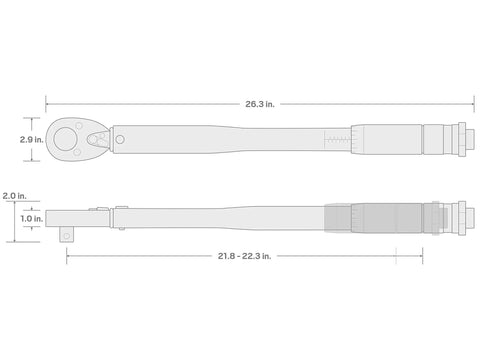 Diagram of 3/4 Inch Drive Micrometer Torque Wrench With Audible Click And High Contrast Dual Range Scale, dimensions labeled.