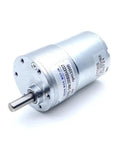 Cool 37Mm Dc Reduction Gear Motor With High Torque For Robotics And Automation Projects That Runs Smoothly On 12 Or 24 Volts And Does Both Clockwise And Counter Clockwise Spins Super Efficiently, showing angled view of motor with metal housing.