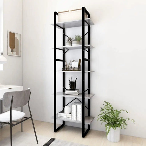 Tall 5-Tier Industrial Bookcase With Metal Frame And Grey Engineered Wood, Open Shelves, Adjustable Shelves, in a modern room