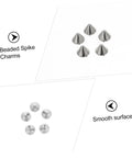 Plastic cone spike studs for jackets; five silver spikes with round backs on white background