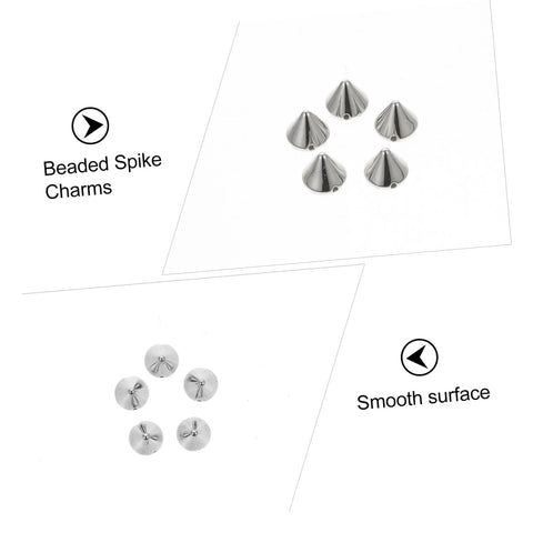 Plastic cone spike studs for jackets; five silver spikes with round backs on white background
