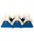 Beefy Built Heavy Duty Cable Pulley Roller Guide Block Sheave With Steel Frame And Visible Fasteners For Utility Maintenance And Industrial Job Sites 160 By 140 Mm Three Link Nylon Wheel For Smooth Low Friction Line Handling, blue steel frame with nylon wheels