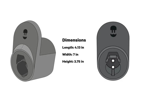 Rugged EV Charger Cable Holster For J1772 Connectors showing dimensions, 4.13in length, 7in width, 3.75in height.