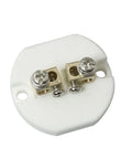 K-type thermocouple terminal block on circular porcelain ceramic base, front view with two screw terminals