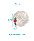 Schrader Tire Valve Core 100 Pack Durable Nickel Plated Replacement For Cars, Trucks, RVs, ATVs, And Air Conditioning Systems next to a US quarter for size comparison.