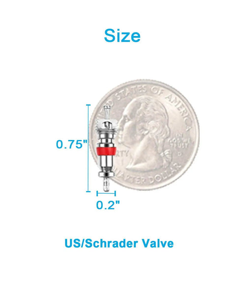 Schrader Tire Valve Core 100 Pack Durable Nickel Plated Replacement For Cars, Trucks, RVs, ATVs, And Air Conditioning Systems next to a US quarter for size comparison.