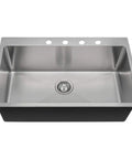 Topmount Single Bowl Kitchen Sink With Three Quarter Inch Radius Built Tough 18 Gauge Stainless Steel 304 Grade Durable Construction Noise Reduction Easy Clean Finish Modern Contemporary Style For Any Kitchen, featuring a brushed-satin finish and broad basin.