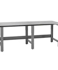 Heavy Duty 36 By 96 Inch Adjustable Workbench With Rust Resistant Stainless Steel Top And Durable Gray Frame side view with adjustable legs.