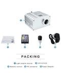 10W Twinkle Fiber Optic Star Light Engine With Dope Sound Activated RGBW LEDs App Or Remote Control For Car And Home Ceiling Star Decor Compact Hidden Light Source For Versatile Ambient Lighting packaging with light engine, remote, and adapter.
