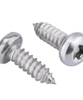 Number 12 By Three Quarter Inch Pan Head Torx Self Tapping Screws Made From 304 Stainless Steel showing two screws with a shiny finish.