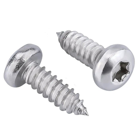 Number 12 By Three Quarter Inch Pan Head Torx Self Tapping Screws Made From 304 Stainless Steel showing two screws with a shiny finish.