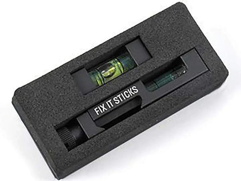 Bubble Level Set For Scope Mounting Quick And Easy Precision Leveling Kit in foam packaging, black aluminum finish.