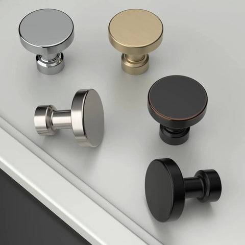 Assorted cabinet knobs including Matte Black Cabinet Knobs Set 10 Pack Round Single Hole Drawer Pulls For Kitchen Bathroom.