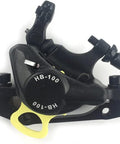 HB-100 hydraulic disc brake caliper, black with yellow accent, MTB front view