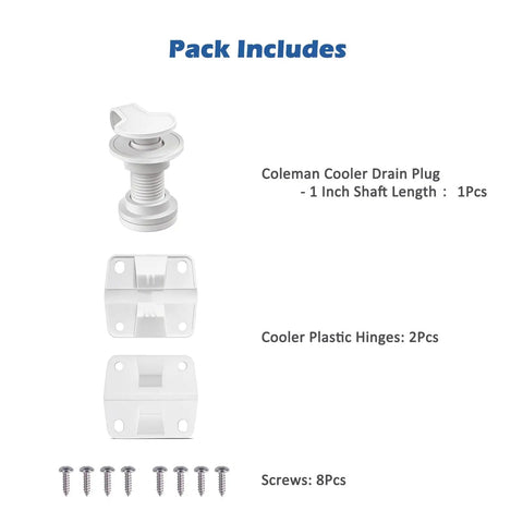 Durable Cooler Replacement Parts Kit With Plastic Hinges And Drain Plug Assembly For 1 Inch Shaft Length, 1 And 2 Pack