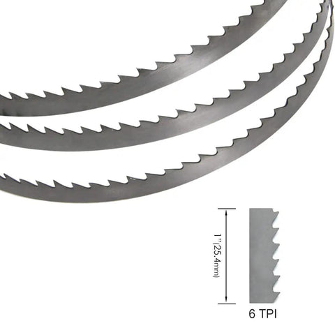 Premium Sk5 Carbon Spring Steel Bandsaw Blades Two Pack showing three blades with 6 TPI, 1425mm length, suitable for eight inch machines.