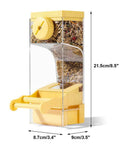 No Sweat Semi Enclosed Automatic Bird Feeder With Generous Fifty Ml Seed Stash For Parrots Canaries And Cockatiels Easy Open Lid showing yellow cover and seed compartments.