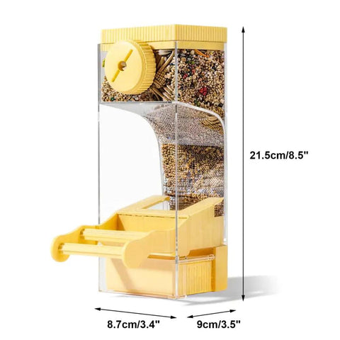 No Sweat Semi Enclosed Automatic Bird Feeder With Generous Fifty Ml Seed Stash For Parrots Canaries And Cockatiels Easy Open Lid showing yellow cover and seed compartments.