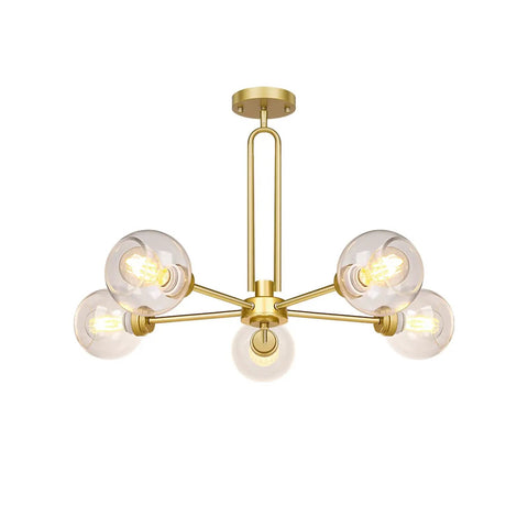 Gold Globe Giant Pendant Chandelier 5 Light Sputnik Ceiling Fixture With Dope Clear Glass Shades for modern home interiors.
