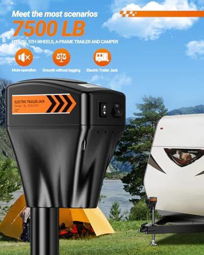 SEALIGHT 7500LB electric trailer jack installed on A-frame trailer tongue; black housing with orange label and LED light