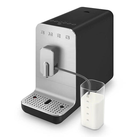 No Sweat Brewing Fully Automatic Espresso Machine With Integrated Grinder And One Touch Milk Frother For Silky Lattes Bold Shots And Ten One Tap Presets 19 Bar Pressure Compact Space Saving Matte Black with milk container.