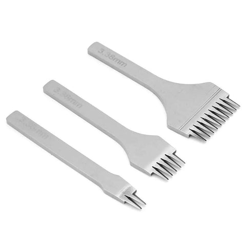 Pro Grade Leather Pricking Iron Set French Style Stitching Chisel Hole Punch Kit with 2.7mm, 3.0mm, and 3.38mm bits.