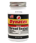 Front view of Dynatex white thread sealant bottle with PTFE, 4 oz, labeled for non-toxic, non-hardening use, pressure up to 10,000 PSI.