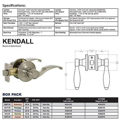 Kendall Privacy Door Handle With Privacy Lock in antique nickel, reversible for left or right hand, shown with installation details.