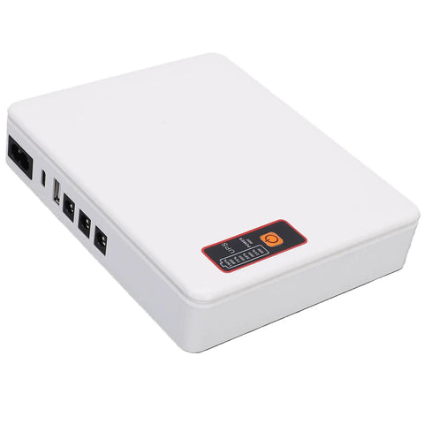 Plug And Play Mini Ups Battery Backup With 16000Mah, white compact unit with multiple ports for emergency power.