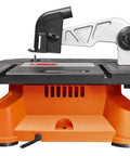 Lightweight Portable Table Saw Dishing Out Snappy Rip And Cross Cuts Without Breaking a Sweat Featuring Smooth Miter Glides and Knockout Stability For Any Job Site viewed from the side, showcasing the blade and control panel.