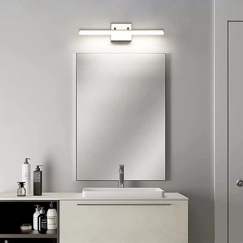 Modern Chrome Vanity Light Bar 20 Inch Long LED Fixture 12W Dimmable Vanity Lighting For Bathroom Makeup Mirror 4000K Daylight Adjustable Wall Sconce ETL Certified Contemporary Bath Decor installed in bathroom over mirror
