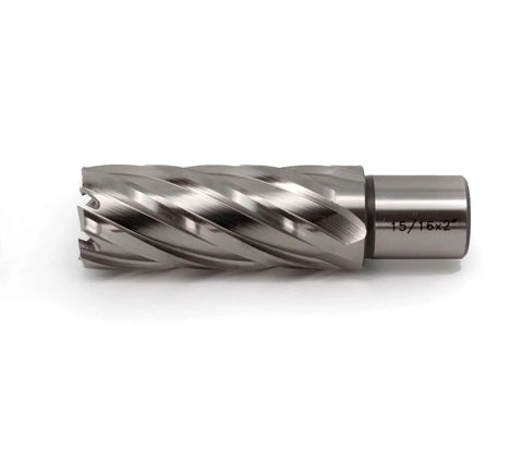 Side view: Oscarbide annular cutter, 15/16 in diameter, 2 in depth, Weldon shank