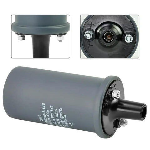 12V Canister Ignition Coil With Internal Resistor For Resistor Spark Systems, Compatible With Ford Tractors, side and connector view.