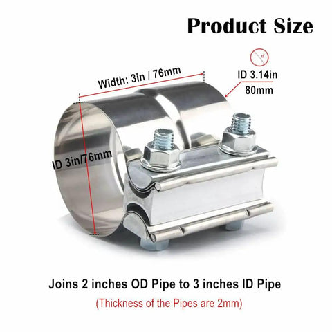 Lap Joint Exhaust Clamp 3 Inch 304 Stainless Steel Band Clamp For 3 Inch OD To 3 Inch ID Pipe Connection With M10 Flange Bolts