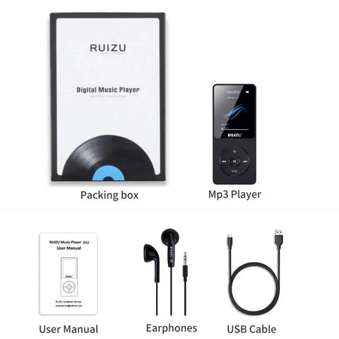 Packaging and accessories of Dope 32GB MP3 Player With Bluetooth 5.3, including device, earphones, USB cable, and manual.