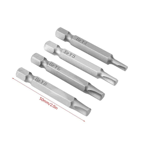 Kickstart Your DIY Game With This 4PCS Y-Type Screwdriver Bit Set, Featuring Heavy-Duty Chrome Alloy Steel That Never Strips And Fits Standard 1/4 Inch Cordless Drills For Secure Security Fastening Jobs. 4pcs Y4 Y5 Y6 Y8 bits, 50mm, chrome alloy steel