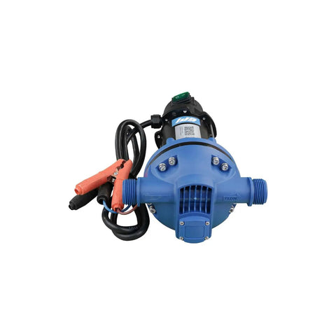 Heavy Duty 12 Volt Def Transfer Pump Handles 8 Gpm Antifreeze Or Washer Fluid No Sweat Compatible With Water Based Solutions Featuring Secure Hose Barb Connections For Easy Transfer, blue color, front view.