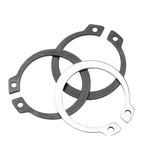 Heavy Duty Black External Circlips M3 To M42 Size C Type Snap Rings And Bearing Washers made of 65mn manganese steel shown in various sizes.