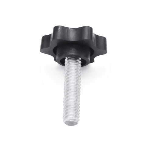 Front view of black plastic star-shaped tightening knob with a 1/4-20 threaded metal screw
