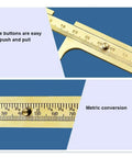 Brass Vernier Caliper Set 80 100mm Sliding Gauge Ruler With Double Inch And Metric Scale for precise jewelry measurements displaying buttons and scales.