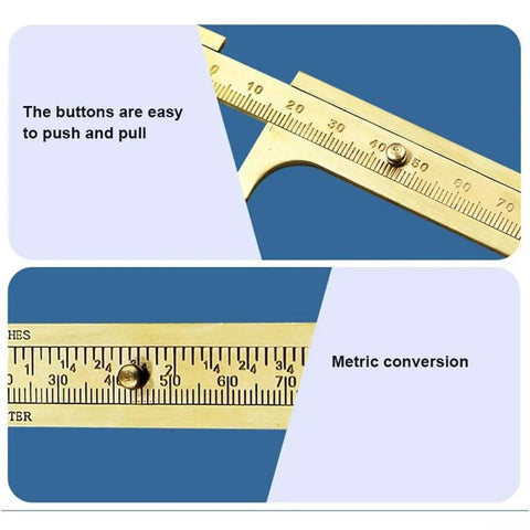 Brass Vernier Caliper Set 80 100mm Sliding Gauge Ruler With Double Inch And Metric Scale for precise jewelry measurements displaying buttons and scales.