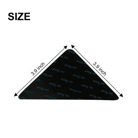 Non Slip Rug Tape 4 Pack For Hardwood Floors And Tile triangle piece size 3.9 inch, reusable adhesive for area rugs.