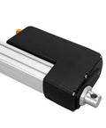 12V linear actuator with black housing and silver aluminum rail; output shaft with mounting hole