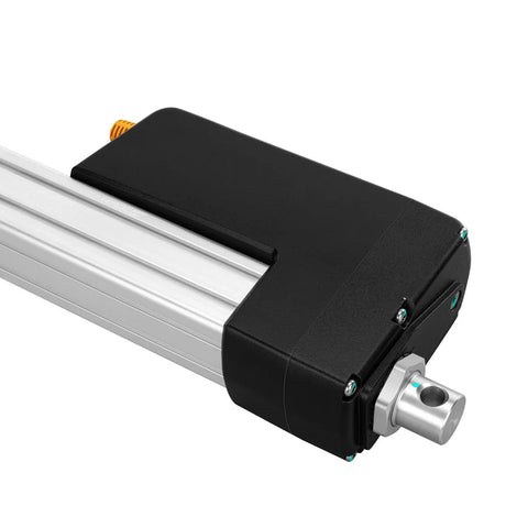 Front view of 12V high-force linear actuator with black housing and silver rail.