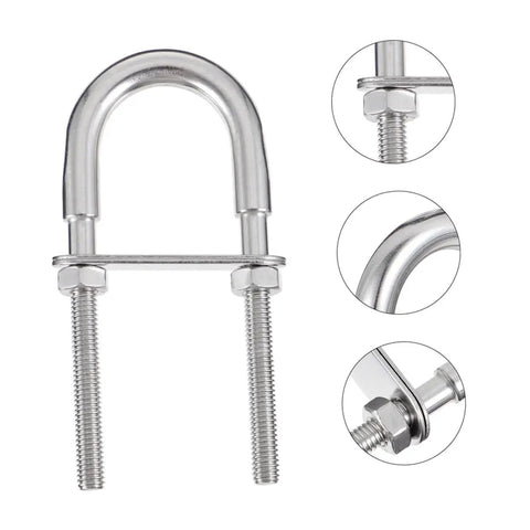 Heavy Duty Marine Grade U-Bolts Kit M8 By 100mm For Boat Trailers Yacht Rigging Axles Fasteners With Nuts Washers Rustproof Stainless Steel close-up.