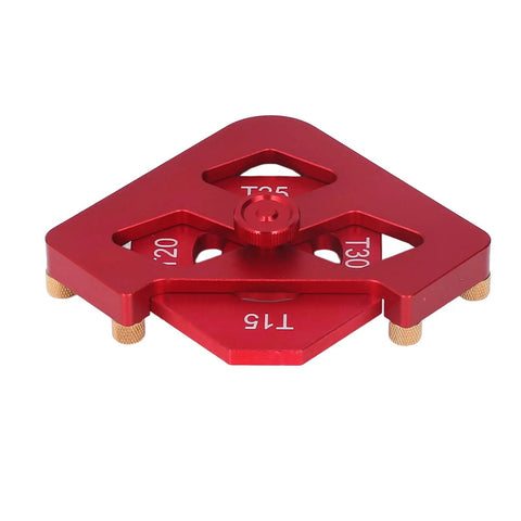 Zero Hassle Radius Guides No Sweat Routing Heavy Duty Aluminum Corner Jig in red, used for precise edge contouring in woodworking.