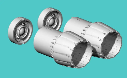 Open Exhaust For 1/144 F-18C Resin Scale Model Kit Upgrade In Gray, showing open exhaust components for 1/144 aircraft models