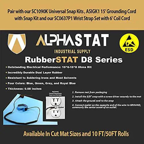 Promotional image of Alphastat RubberSTAT D8 series, featuring ESD safe workstation mat details and dual-layer rubber construction.