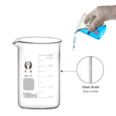 Glass Beaker Set for Lab Work 5 Piece Beaker Kit 1000ml with glove hand pouring blue liquid, clear scale visible